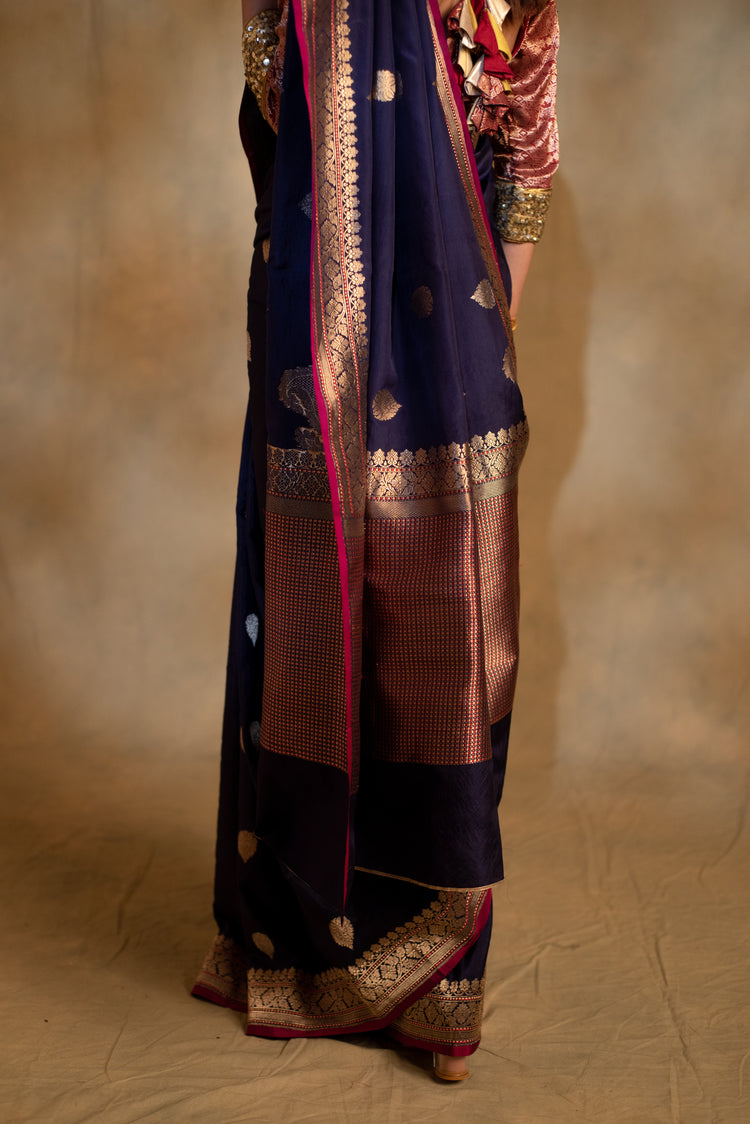 Arshiya- Navy Blue Silk Brocade Banarasi Saree