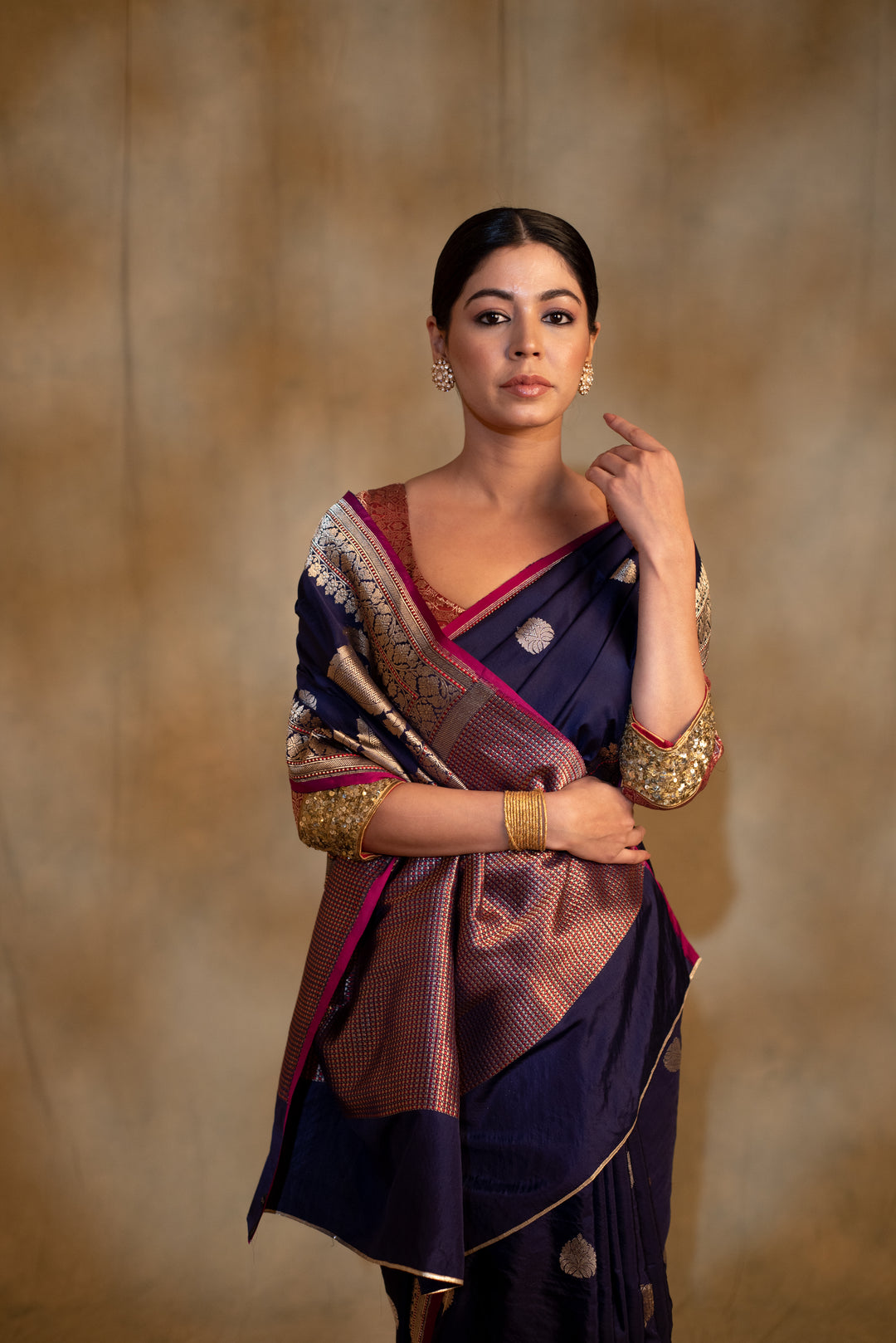 Arshiya- Navy Blue Silk Brocade Banarasi Saree