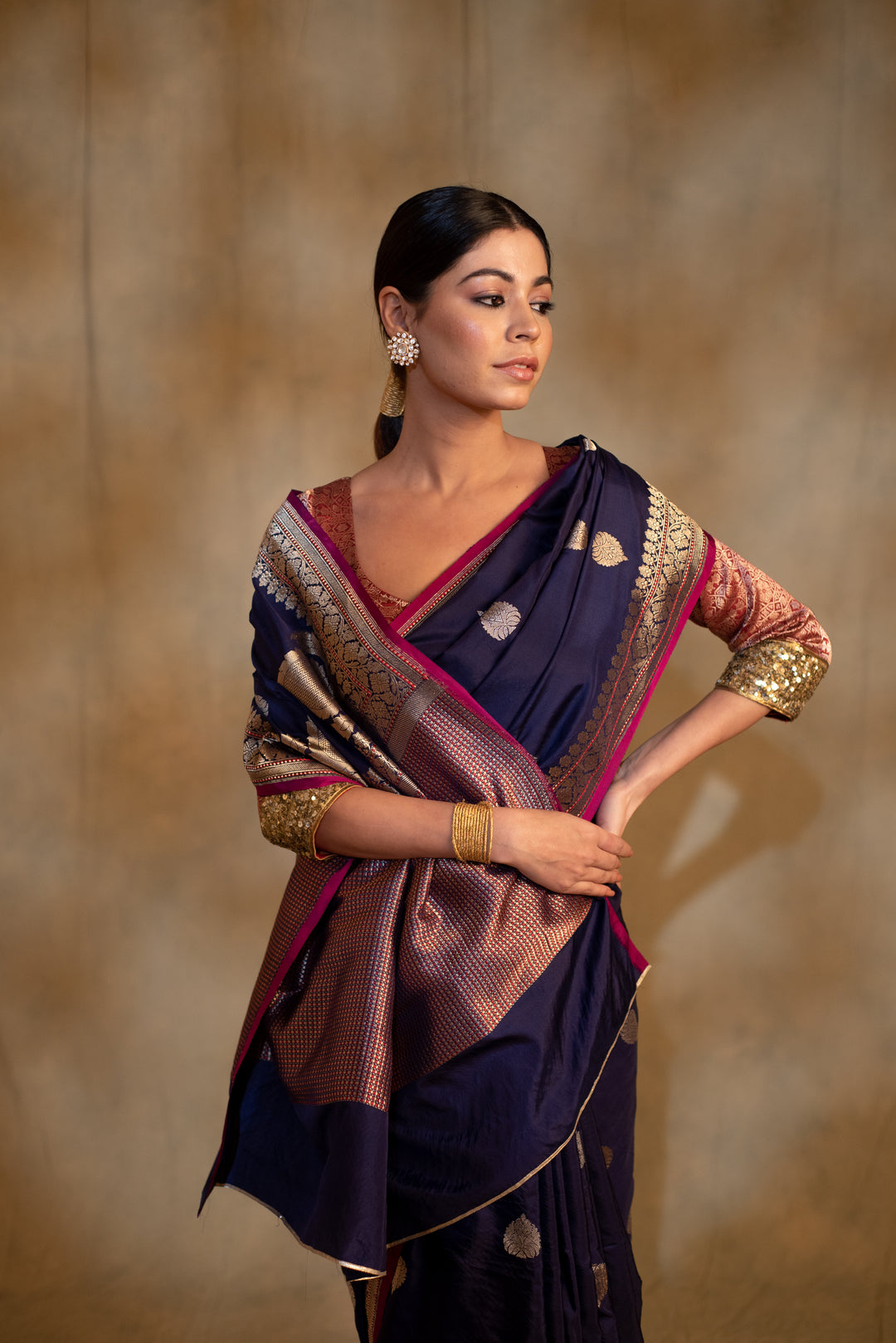 Arshiya- Navy Blue Silk Brocade Banarasi Saree