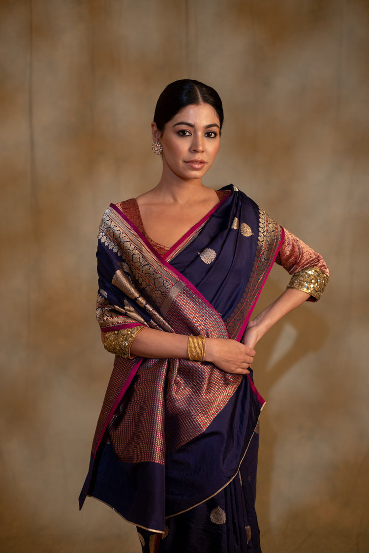 Arshiya- Navy Blue Silk Brocade Banarasi Saree