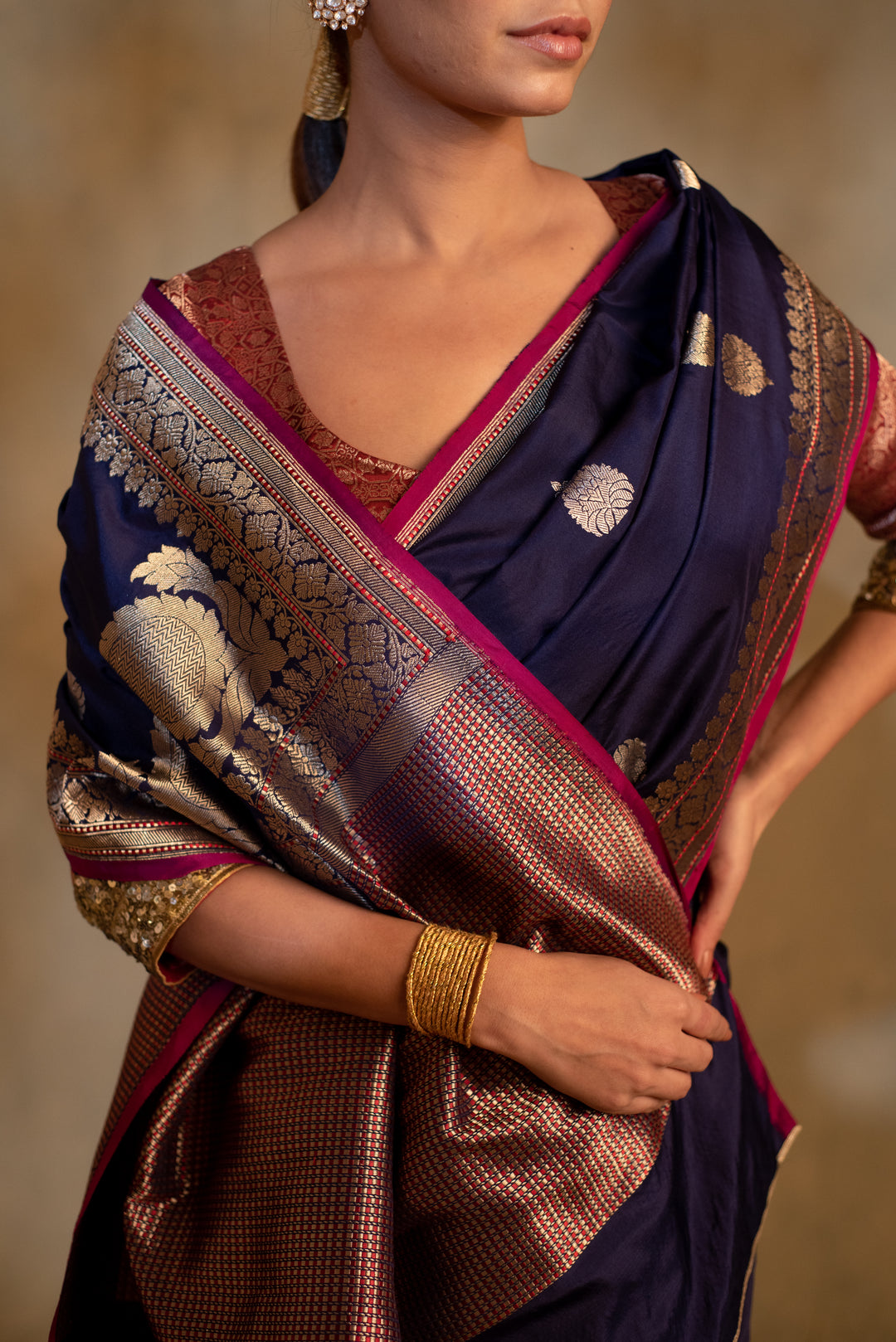 Arshiya- Navy Blue Silk Brocade Banarasi Saree