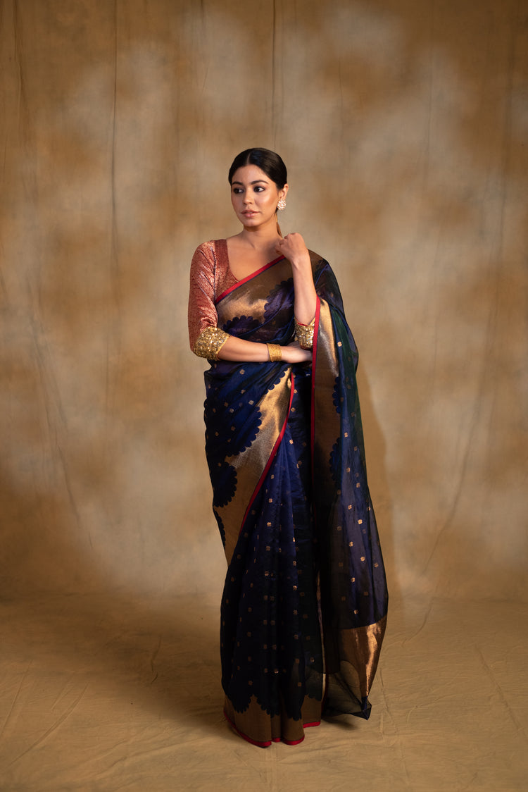 Sora- Blue Silk Chanderi Tissue Saree