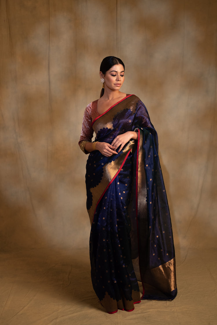 Sora- Blue Silk Chanderi Tissue Saree