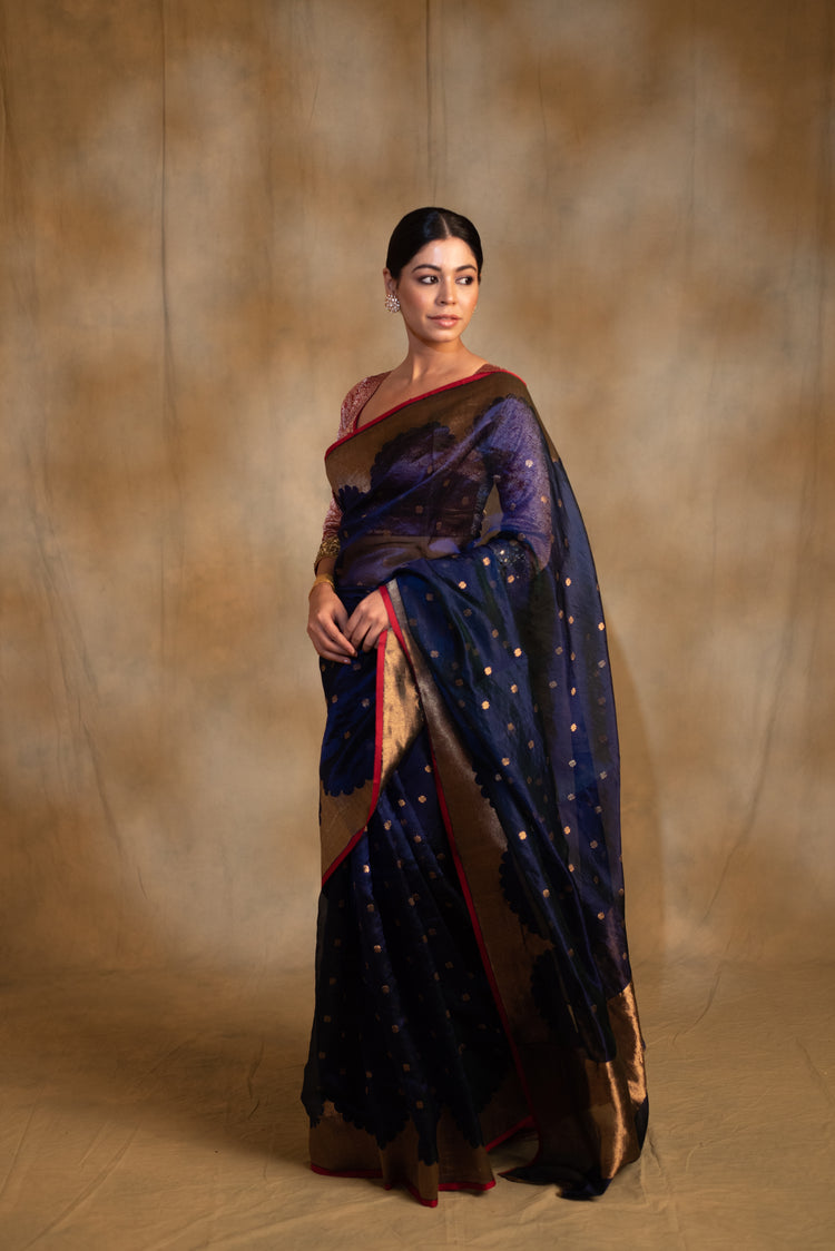 Sora- Blue Silk Chanderi Tissue Saree