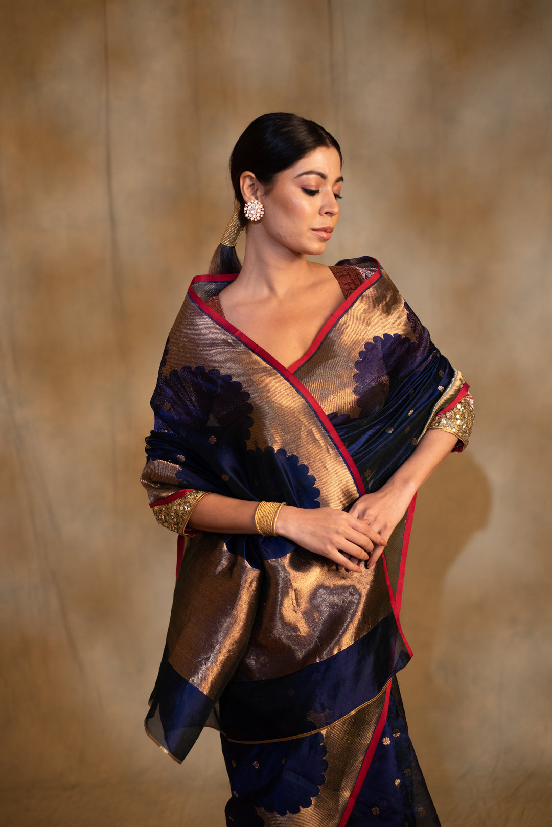 Sora- Blue Silk Chanderi Tissue Saree