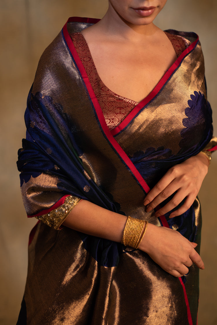 Sora- Blue Silk Chanderi Tissue Saree