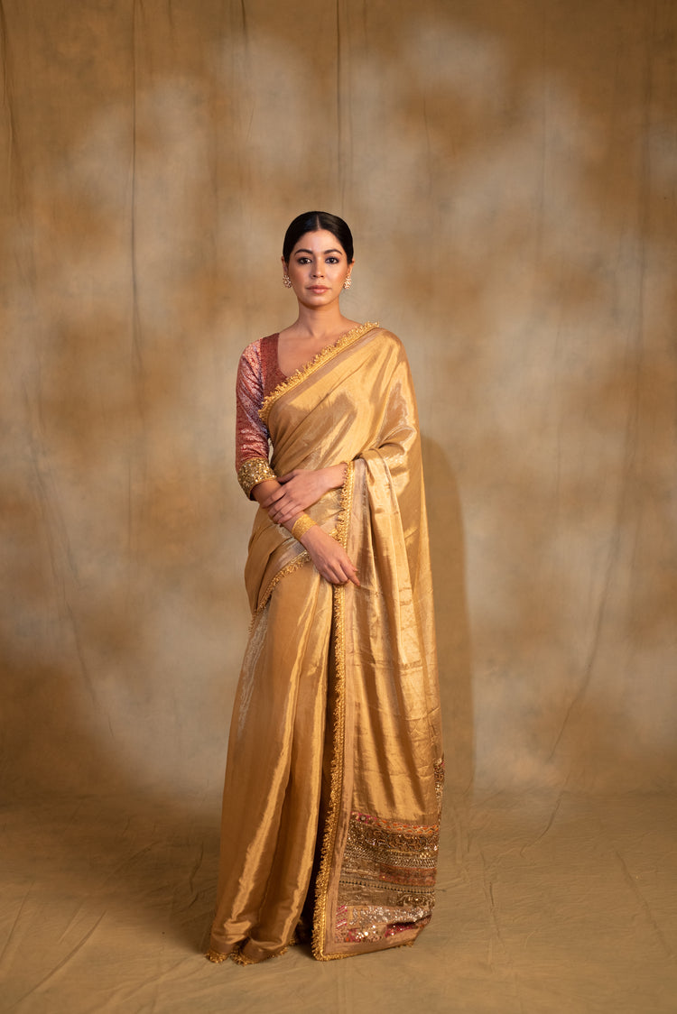 Purnima- Gold Silk Tissue Chanderi Upcycled Jod Saree