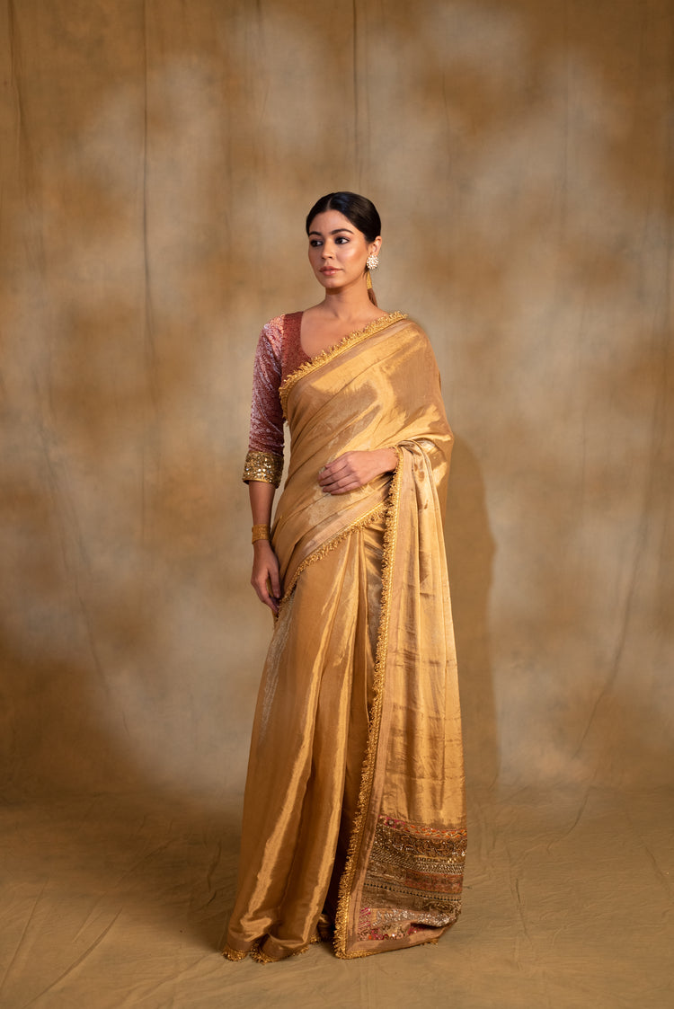 Purnima- Gold Silk Tissue Chanderi Upcycled Jod Saree