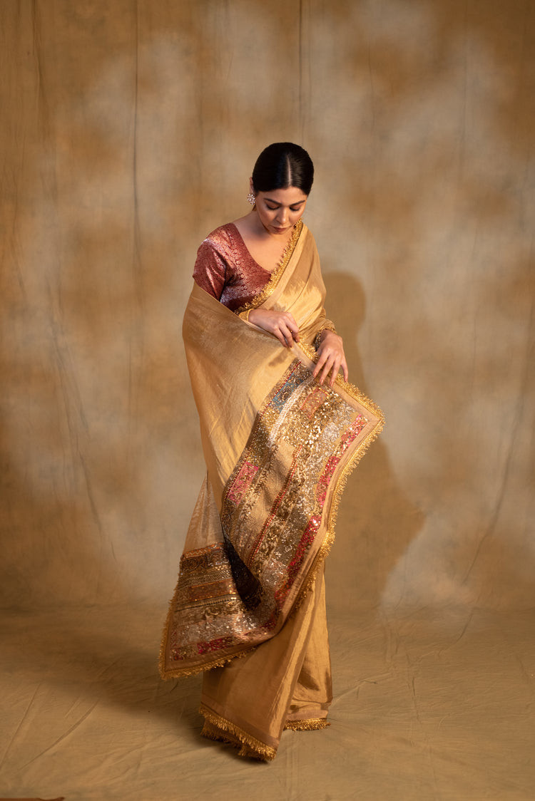 Purnima- Gold Silk Tissue Chanderi Upcycled Jod Saree