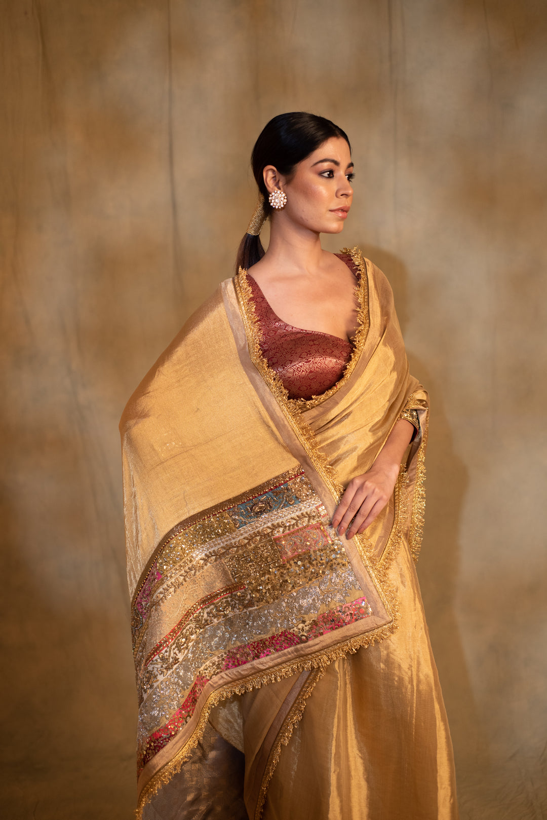 Purnima- Gold Silk Tissue Chanderi Upcycled Jod Saree