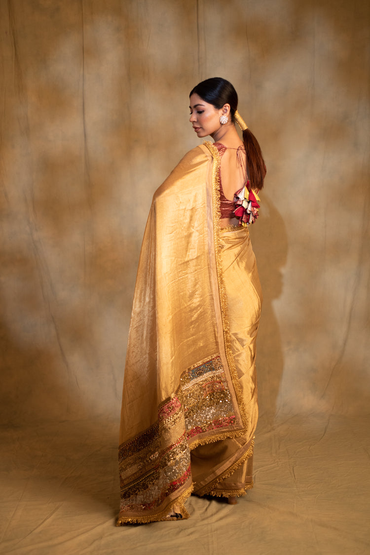 Purnima- Gold Silk Tissue Chanderi Upcycled Jod Saree