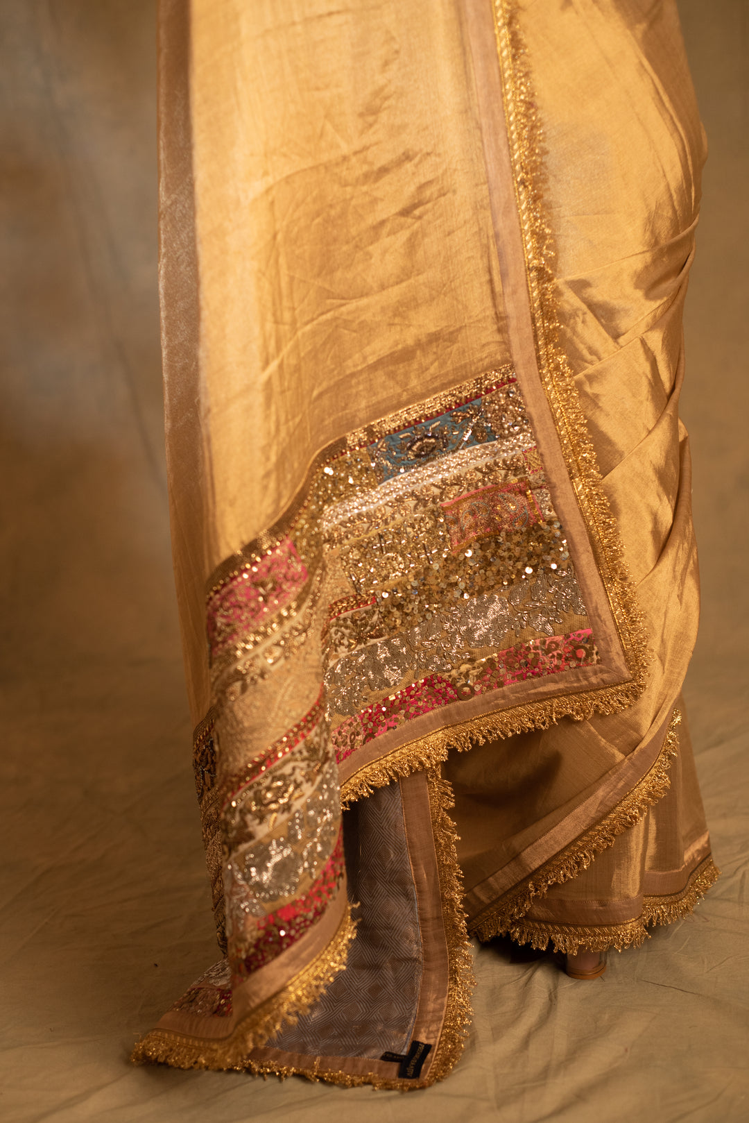 Purnima- Gold Silk Tissue Chanderi Upcycled Jod Saree