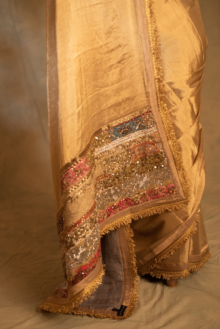 Purnima- Gold Silk Tissue Chanderi Upcycled Jod Saree