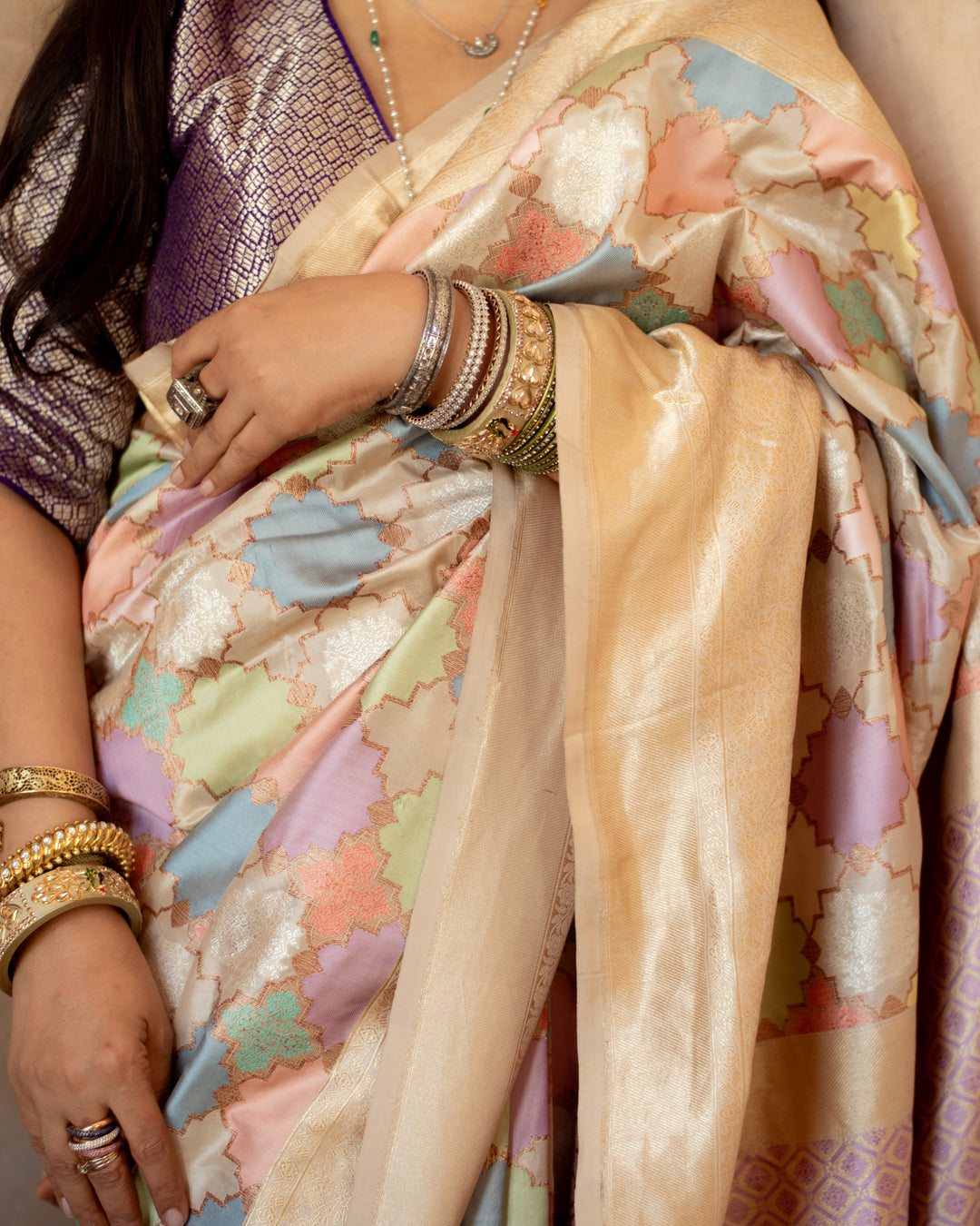 Indrakshi - Ivory Rangkaat Silk Banarasi Saree