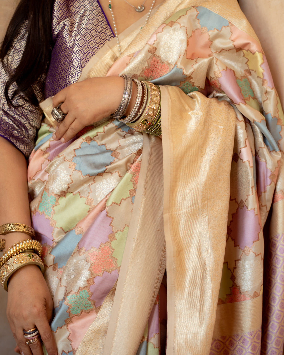 Indrakshi - Ivory Rangkaat Silk Banarasi Saree