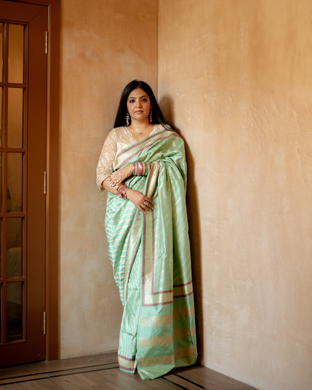 Kaumari - Pista Green Silk Katan Banarasi Saree