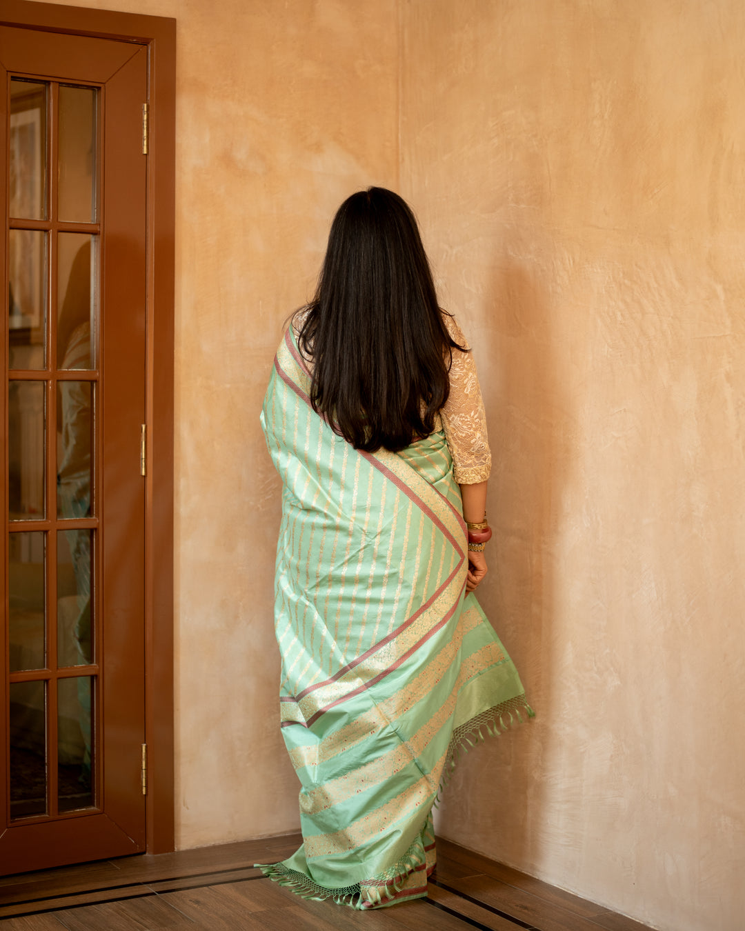 Kaumari - Pista Green Silk Katan Banarasi Saree