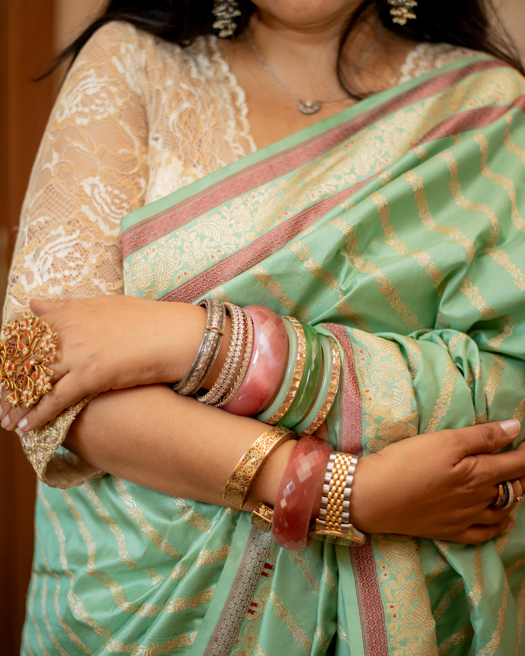 Kaumari - Pista Green Silk Katan Banarasi Saree