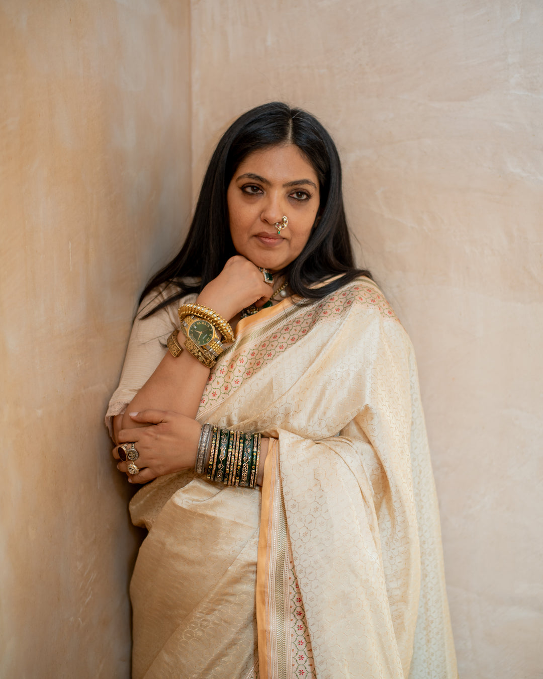 Prajakata - Ivory Gajji Silk Katan Banarasi Saree