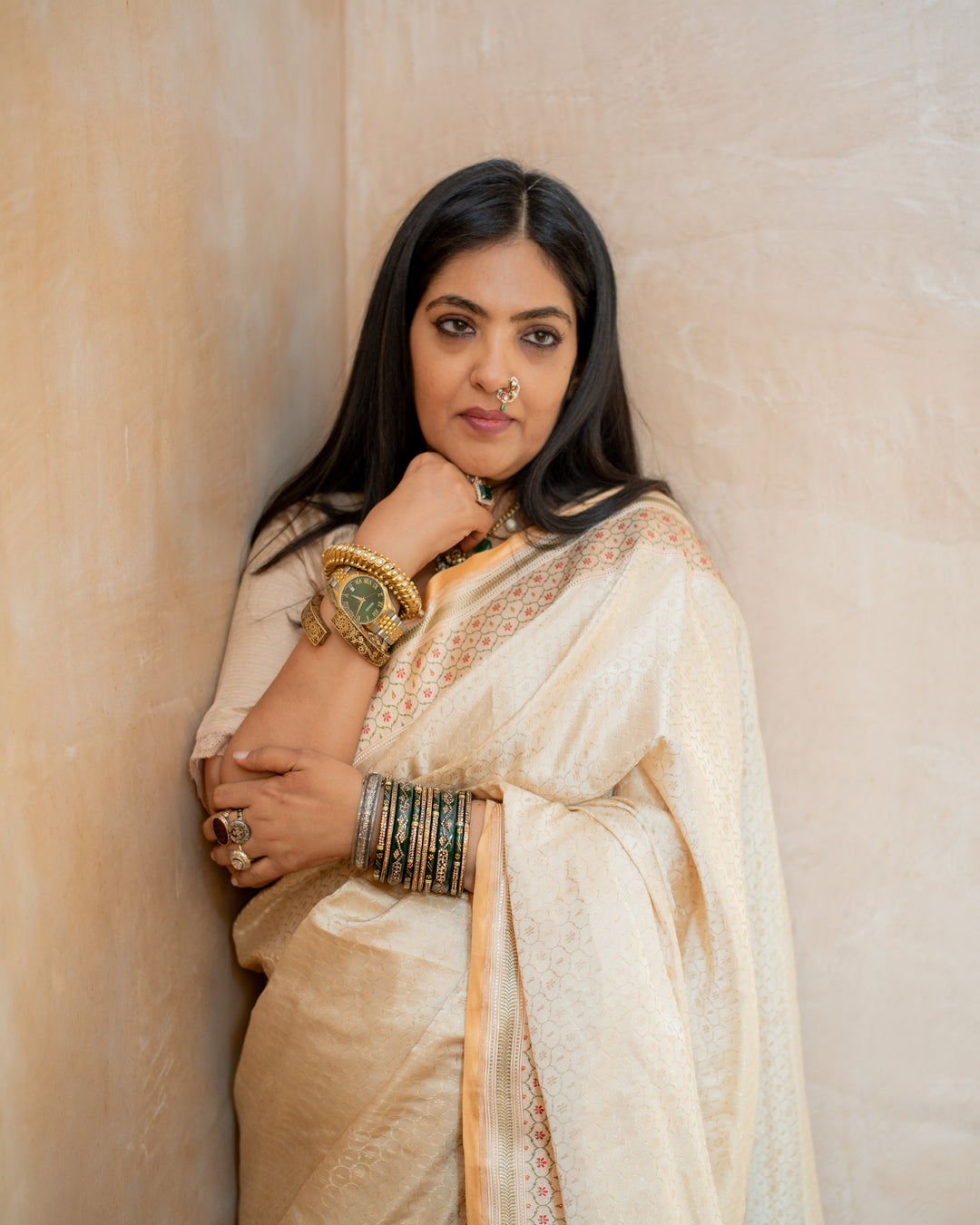 Prajakata - Ivory Gajji Silk Katan Banarasi Saree