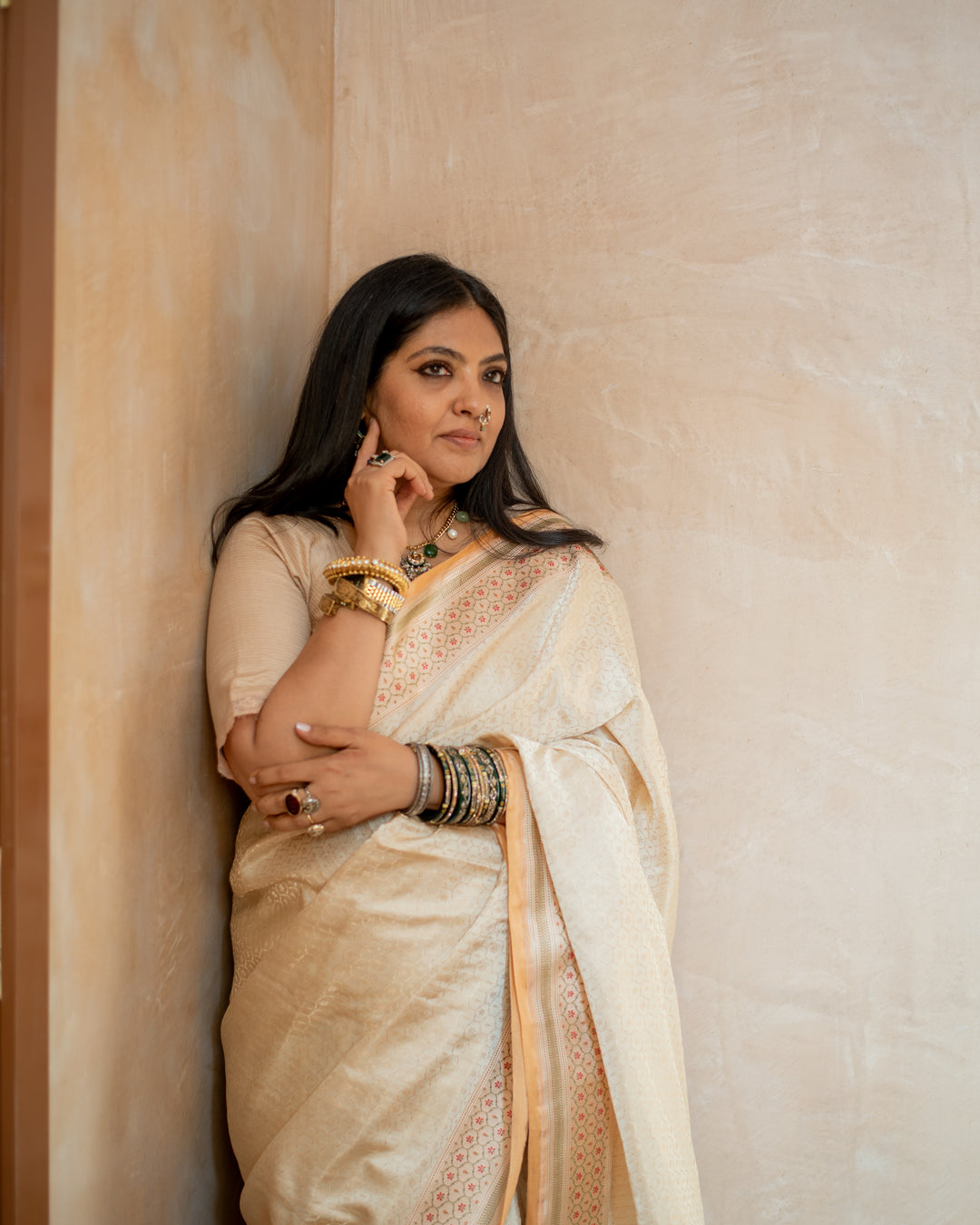 Prajakata - Ivory Gajji Silk Katan Banarasi Saree
