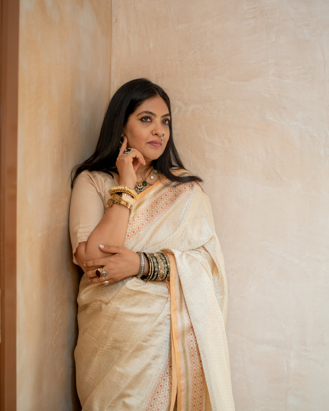 Prajakata - Ivory Gajji Silk Katan Banarasi Saree