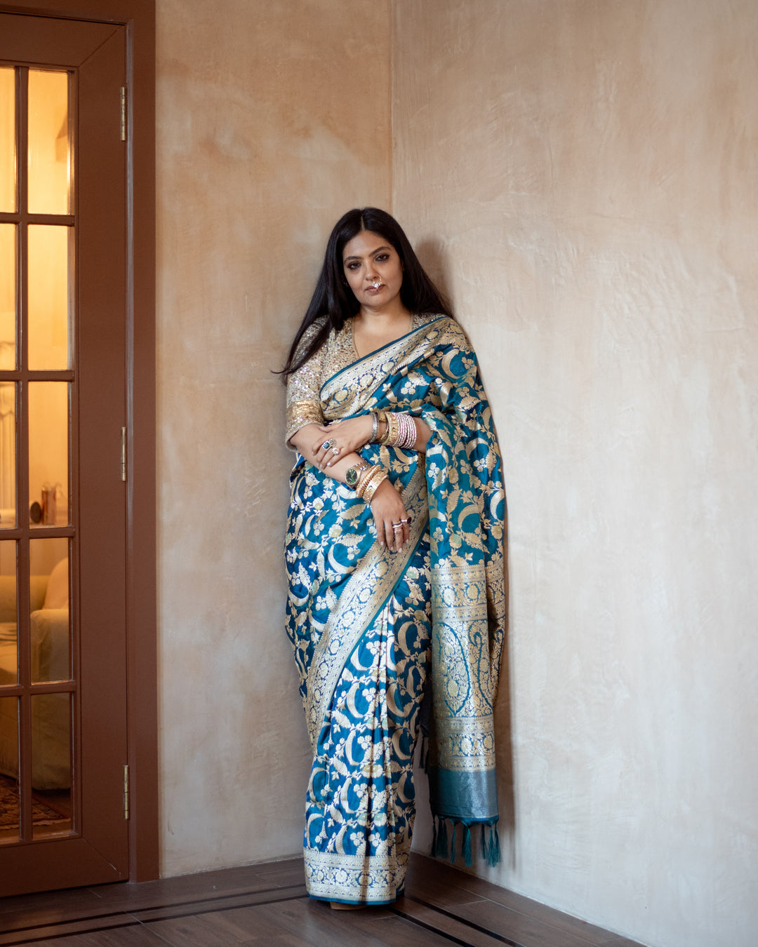 Srividya - Teal Blue Silk Banarasi Saree