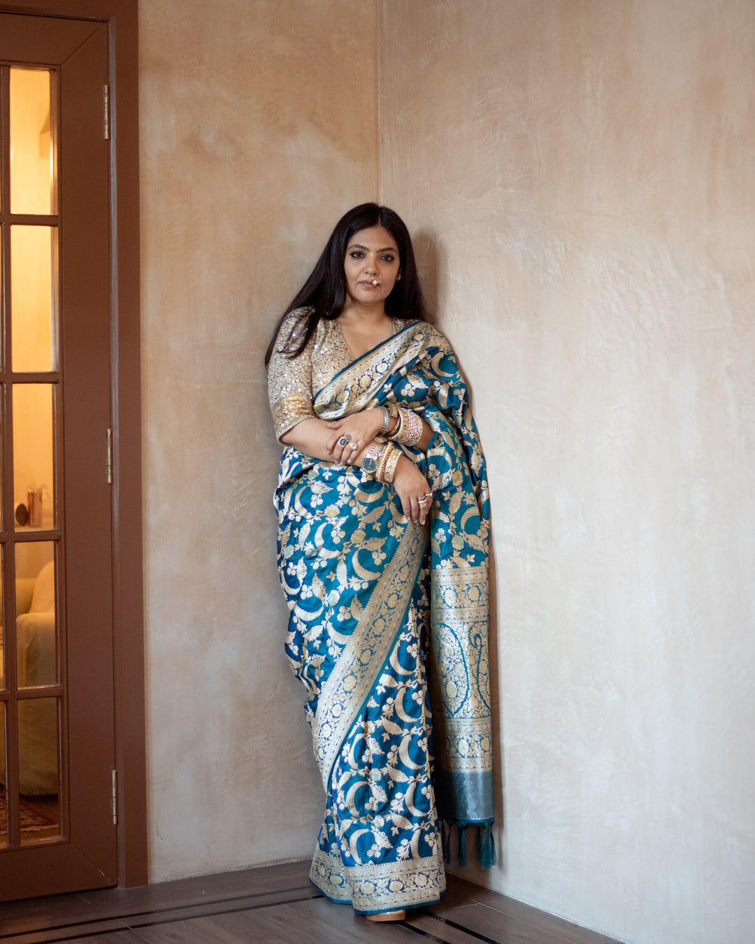 Srividya - Teal Blue Silk Banarasi Saree