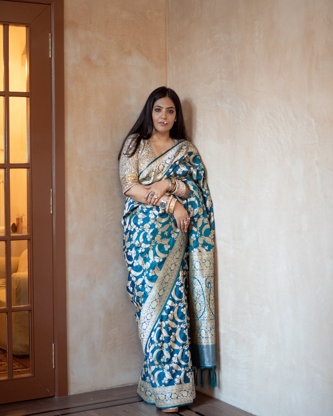 Srividya - Teal Blue Silk Banarasi Saree