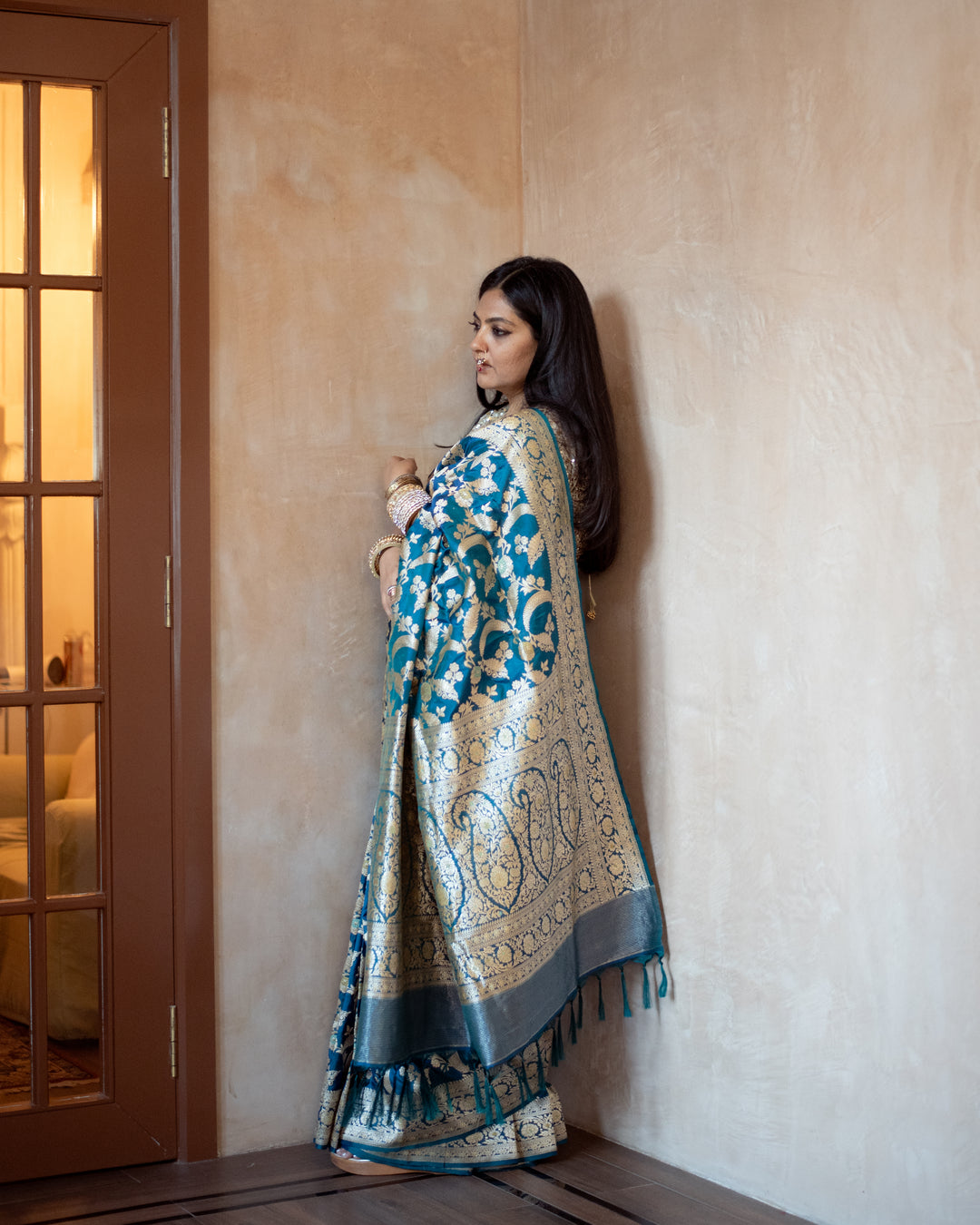 Srividya - Teal Blue Silk Banarasi Saree