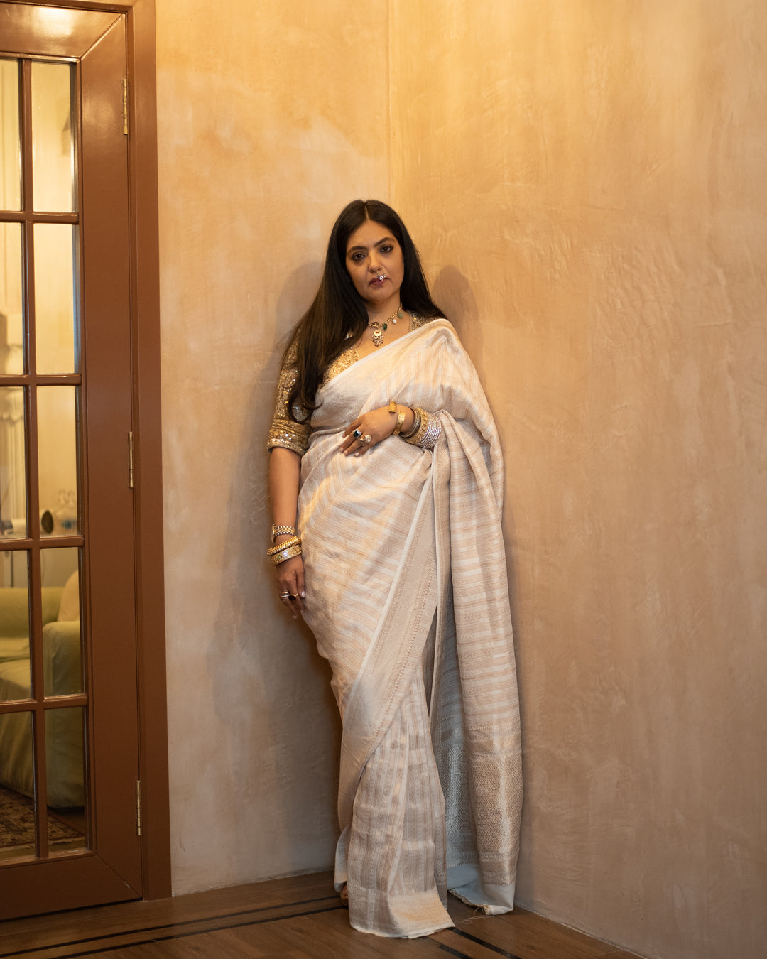 Vasanti - Ivory Georgette Silk Banarasi Saree