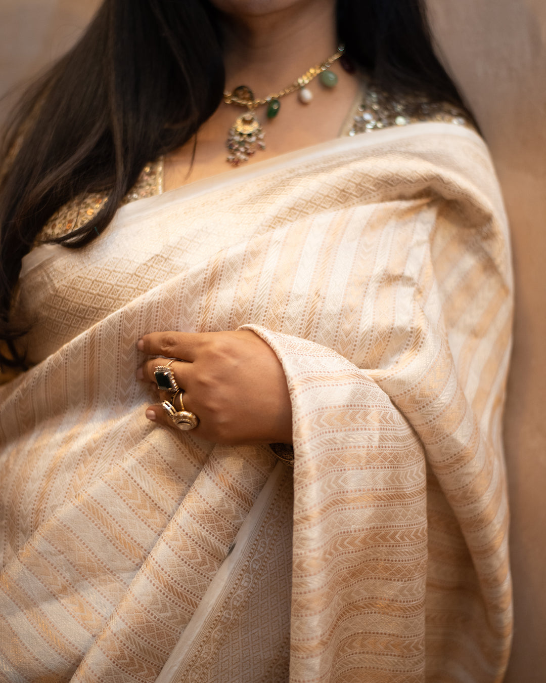 Vasanti - Ivory Georgette Silk Banarasi Saree