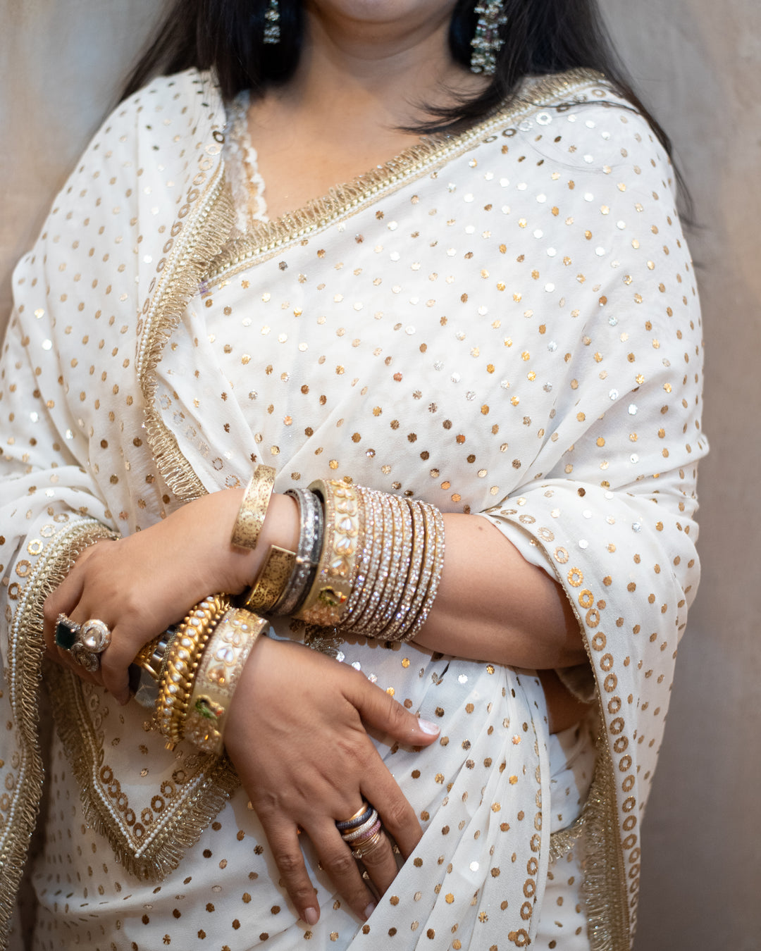 Ojasvi - Ivory Georgette Silk Mukaish Saree