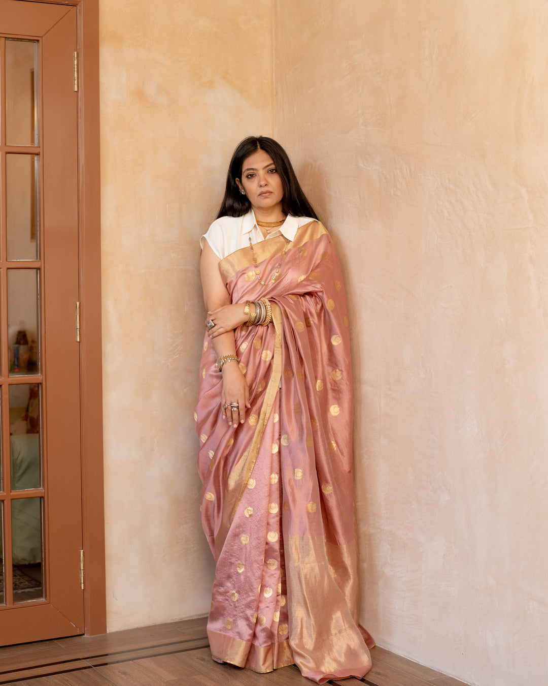Tarini - Salmon Pink Silk Chanderi Saree