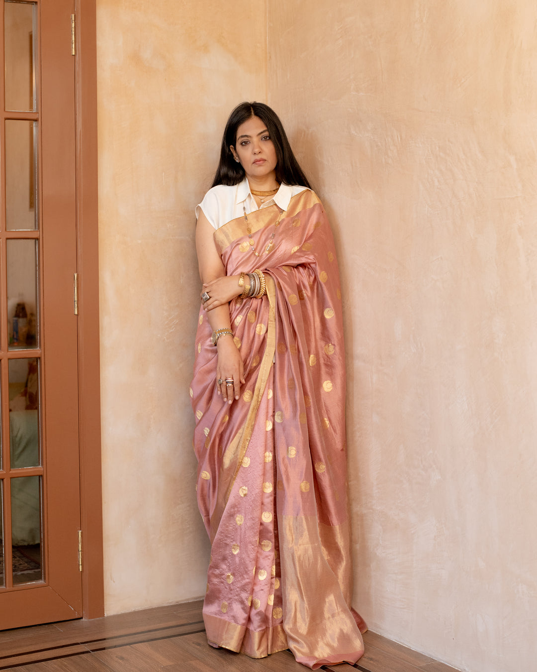 Chandtara - Salmon Pink Silk Chanderi Saree