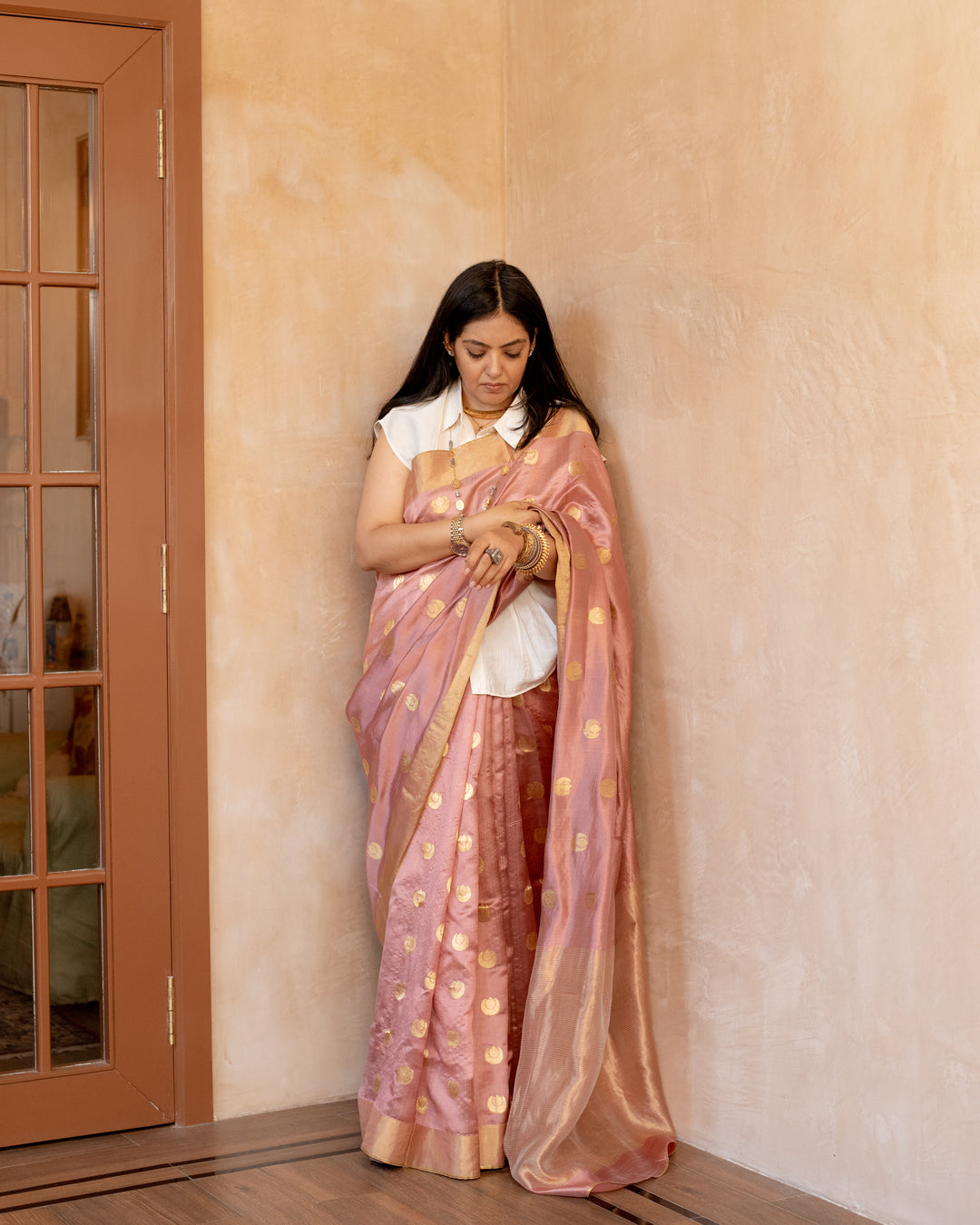 Tarini - Salmon Pink Silk Chanderi Saree