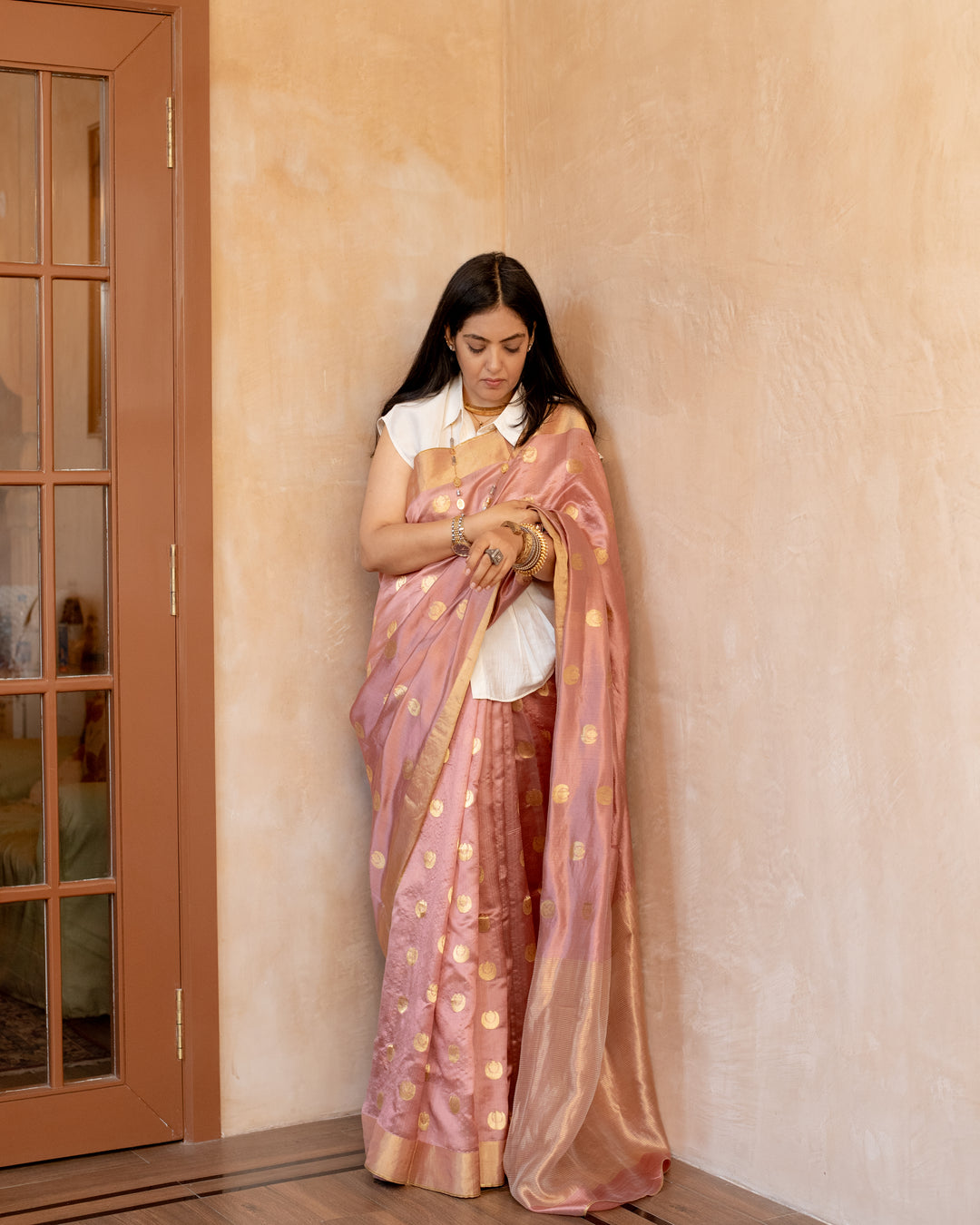 Chandtara - Salmon Pink Silk Chanderi Saree