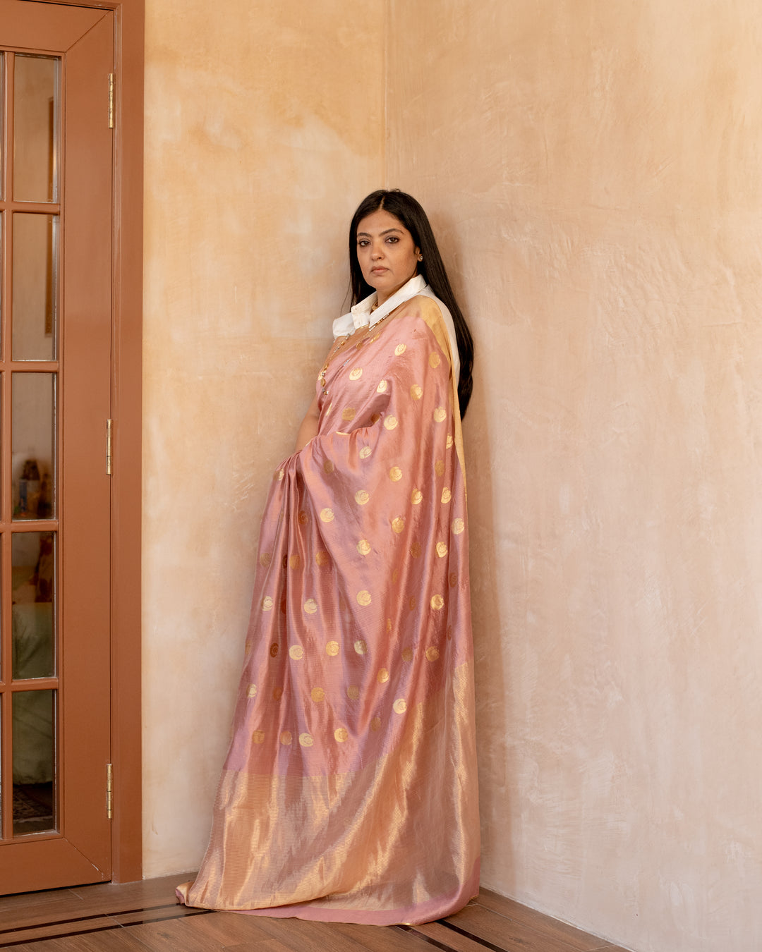 Tarini - Salmon Pink Silk Chanderi Saree