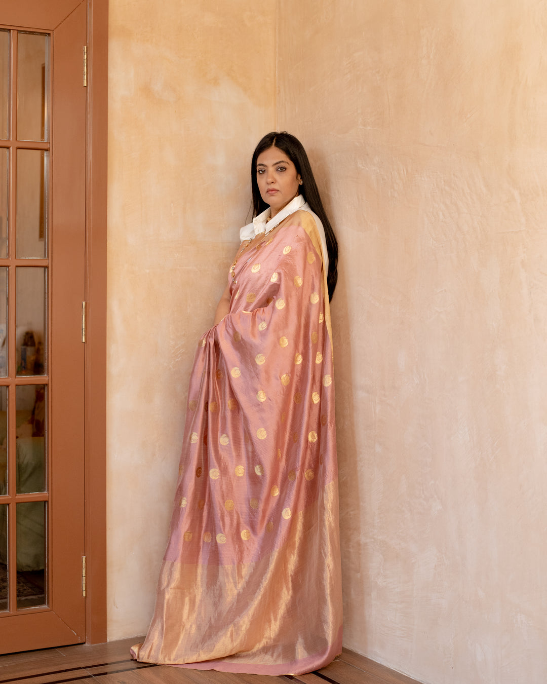 Chandtara - Salmon Pink Silk Chanderi Saree