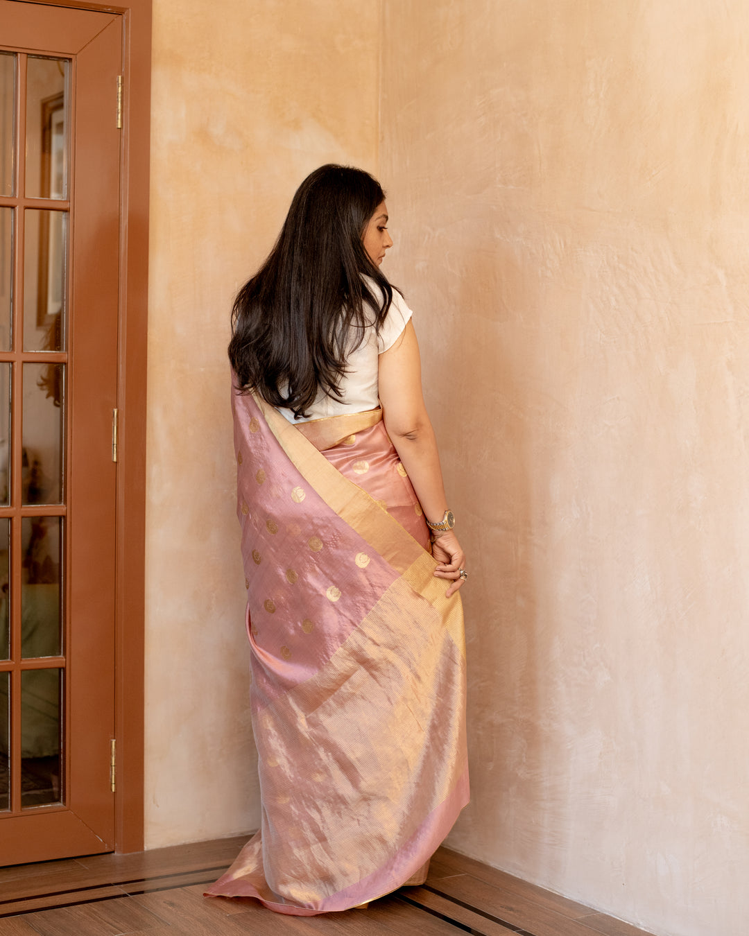 Tarini - Salmon Pink Silk Chanderi Saree