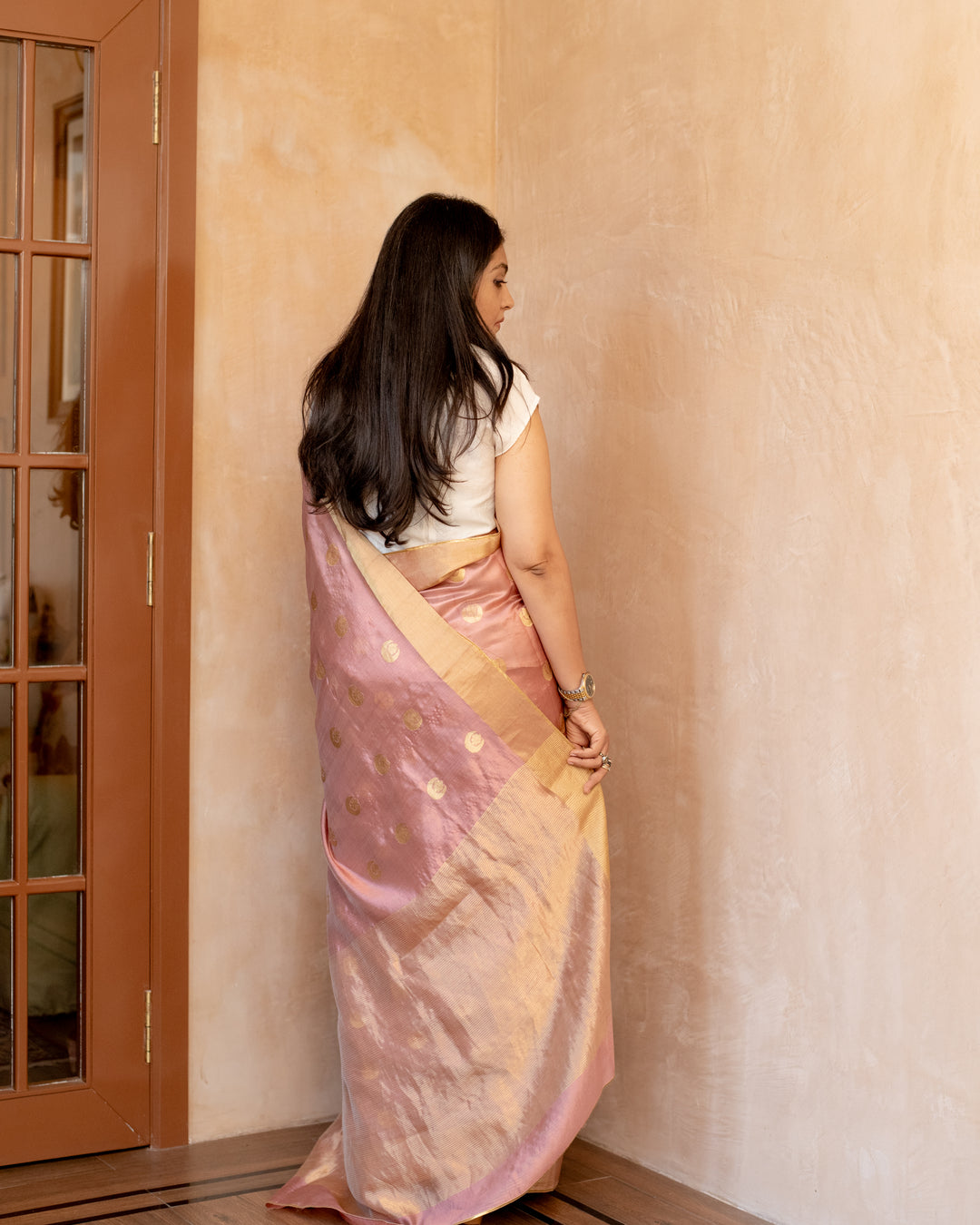 Chandtara - Salmon Pink Silk Chanderi Saree
