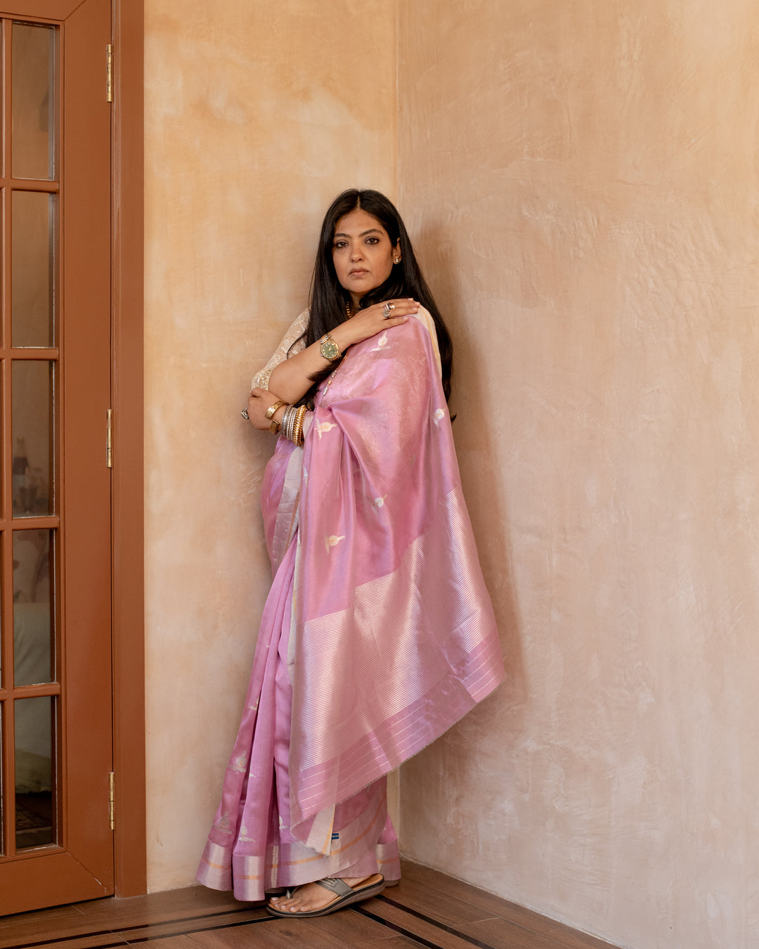 Prisha - Light Pink Silk Tissue Chanderi Saree