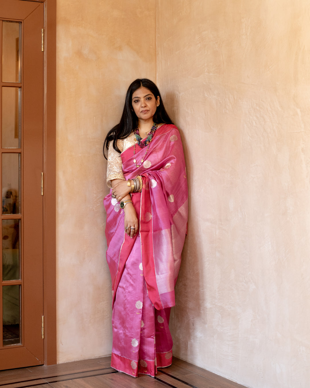 Gauri - Onion Pink Silk Chanderi Saree