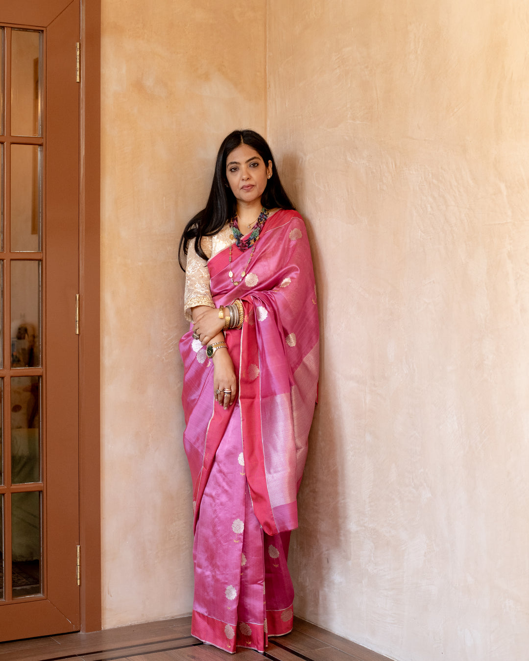 Gauri - Onion Pink Silk Chanderi Saree