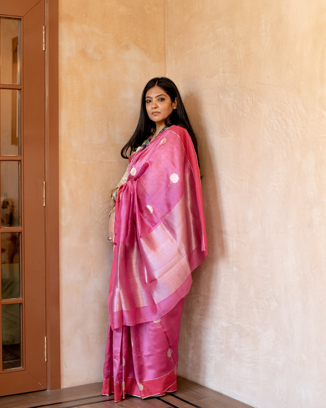 Gauri - Onion Pink Silk Chanderi Saree