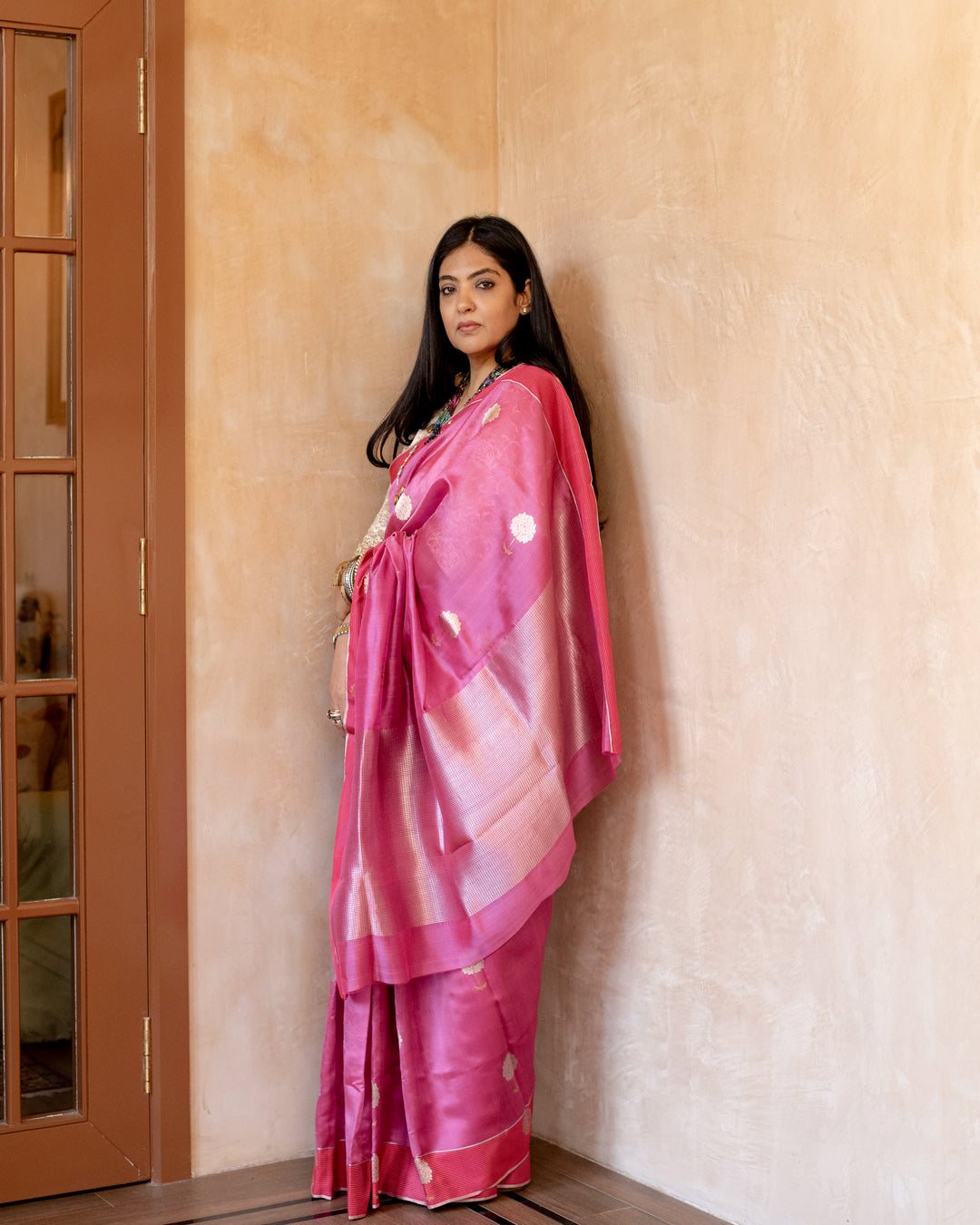 Gauri - Onion Pink Silk Chanderi Saree