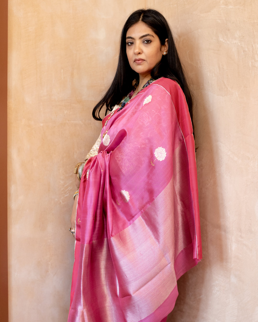 Gauri - Onion Pink Silk Chanderi Saree