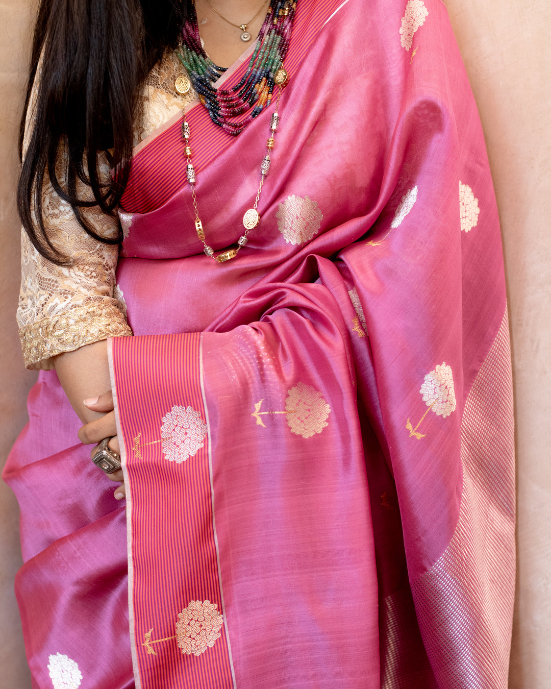 Gauri - Onion Pink Silk Chanderi Saree