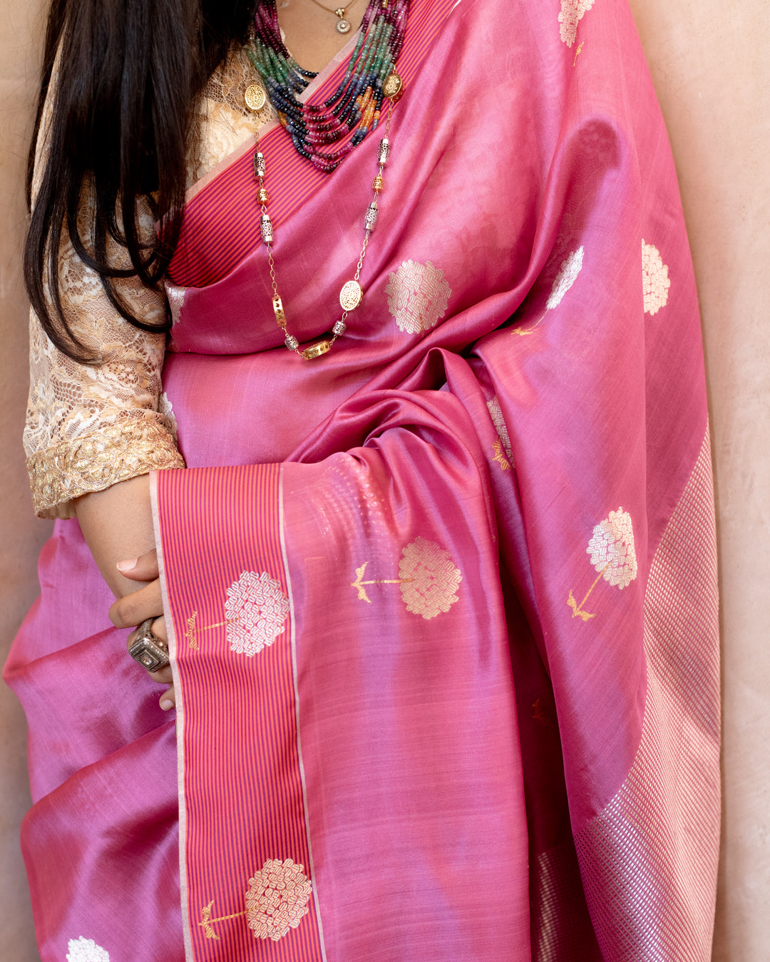 Gauri - Onion Pink Silk Chanderi Saree
