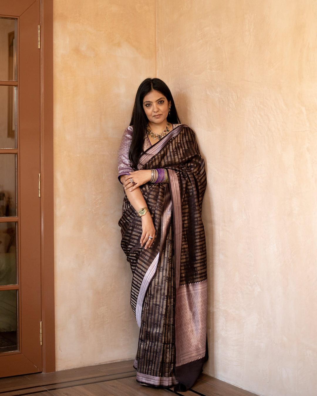Anjana - Mehndi Brown Satin Silk Mashroo Banarasi Saree